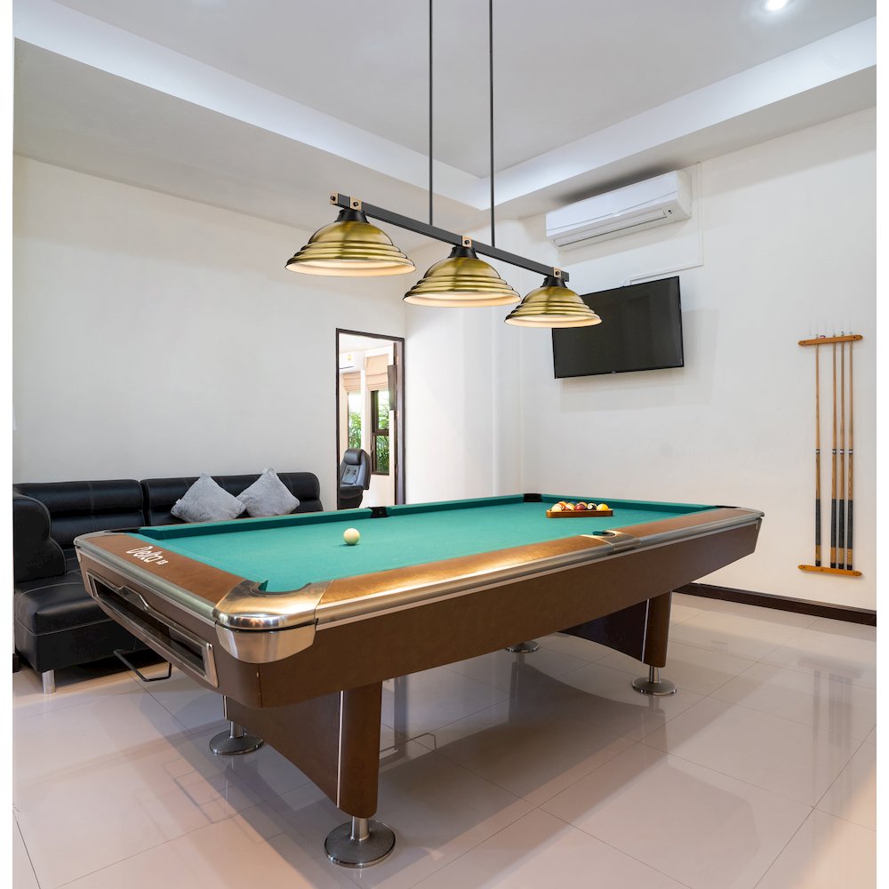 Z-Lite Bronte 3 Light Billiard, Steel Frame, Rubbed Brass Shade Color. Picture 7