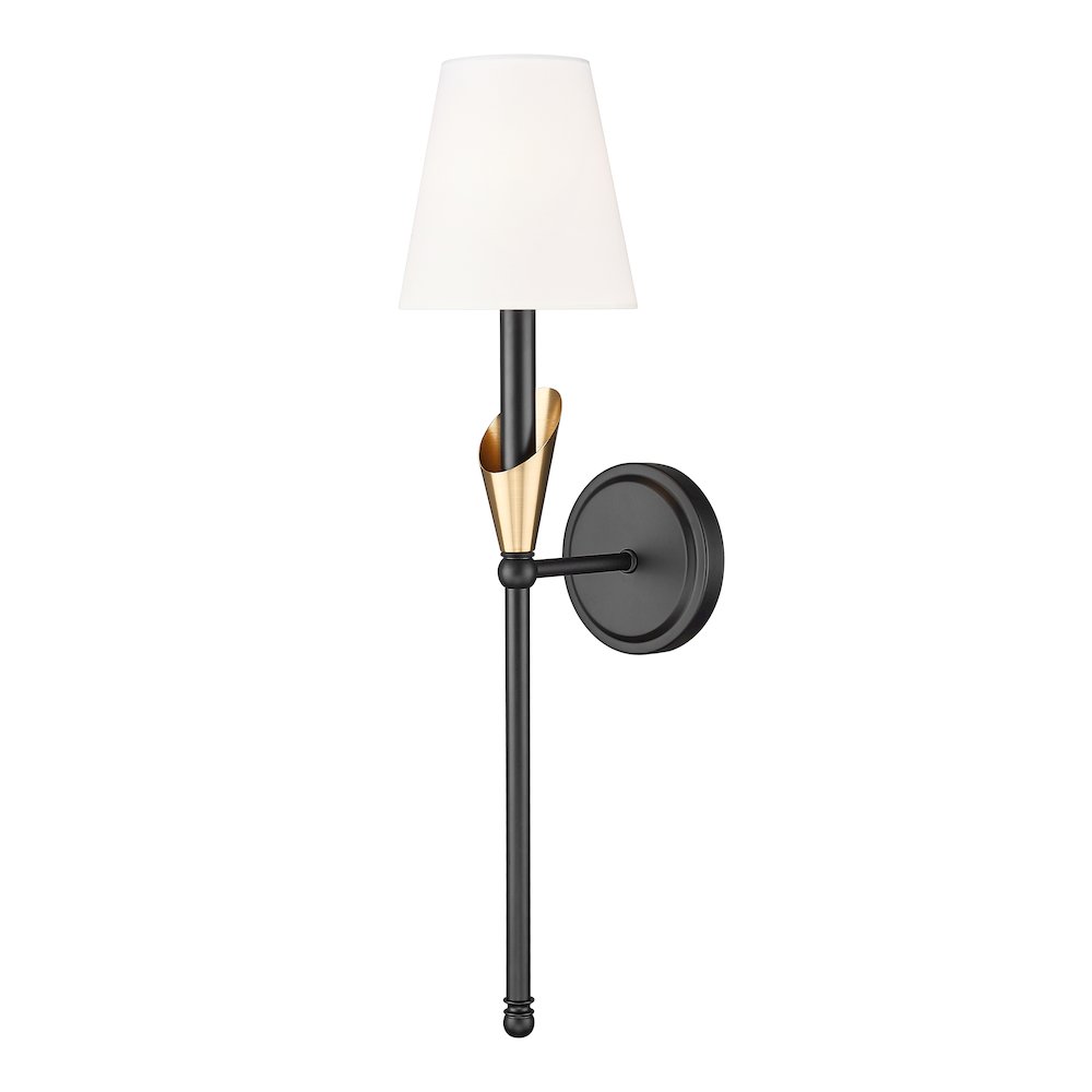 Z-Lite Claudelle 1 Light Wall Sconce in Matte Black + Modern Gold color. Picture 1