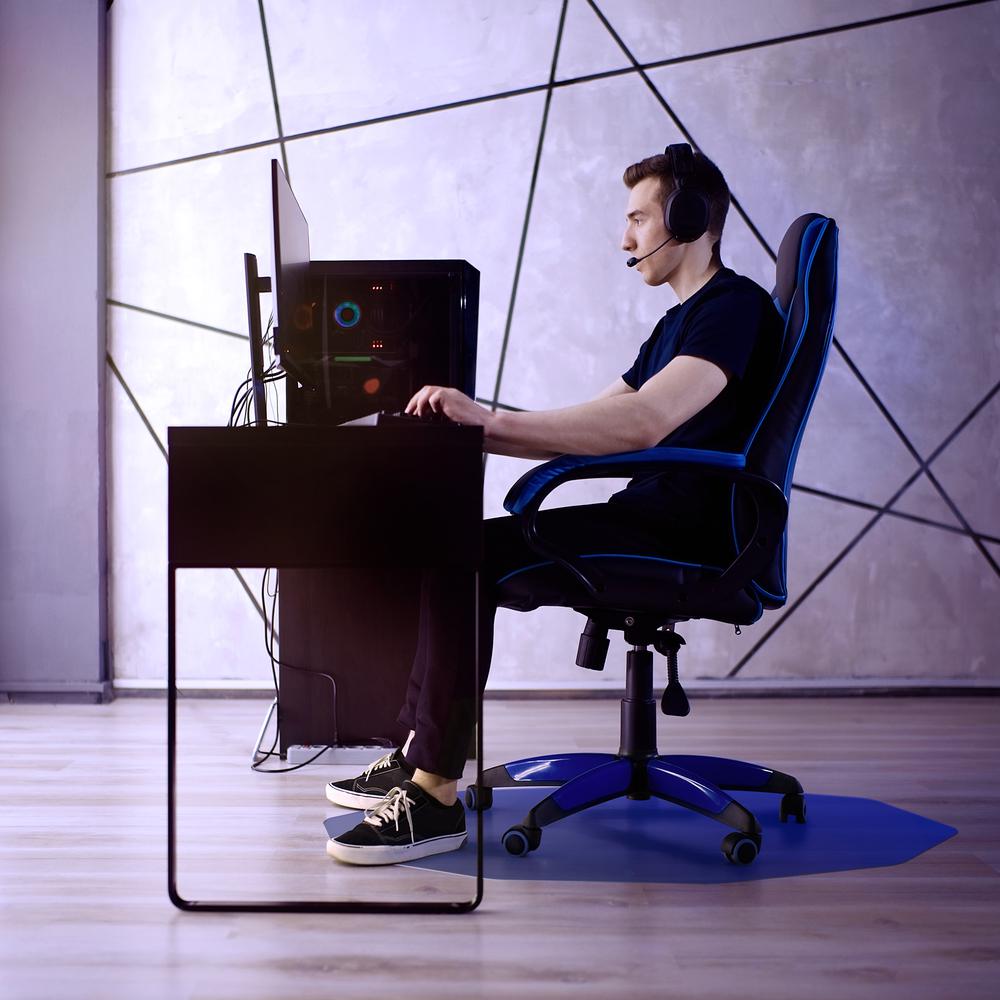 Polycarbonate 9-Sided Blue Gaming Chair Mat for Hard Floors - 38" x 39". Picture 1