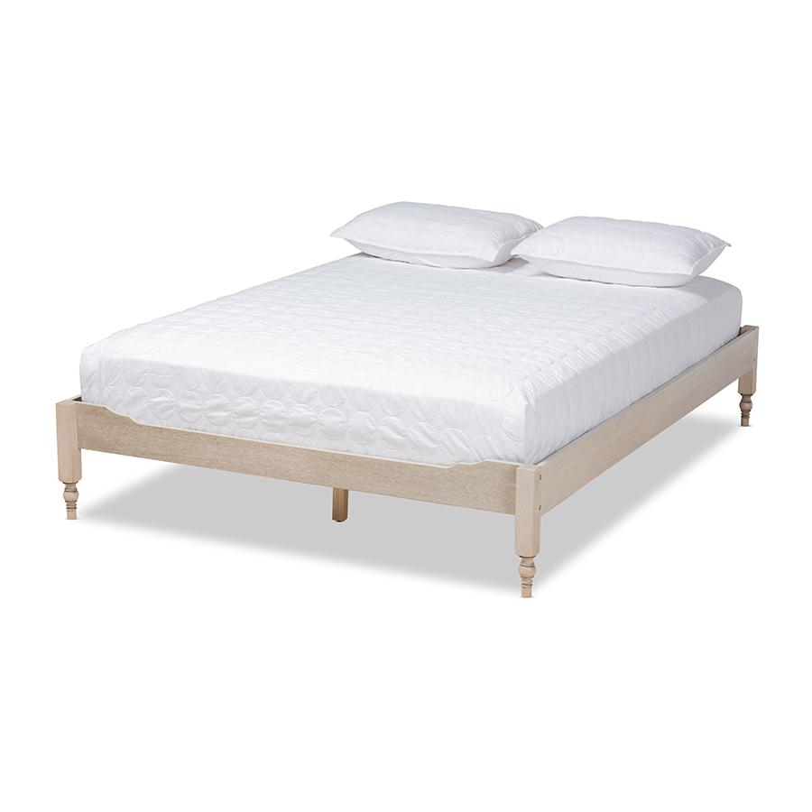 Bohemian Antique White Oak Finished Wood Full Size Platform Bed Frame. Picture 1