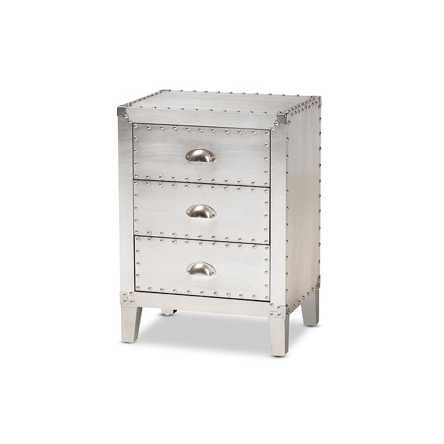 Baxton Studio Claude French Industrial Silver Metal 3-Drawer Nightstand. Picture 1