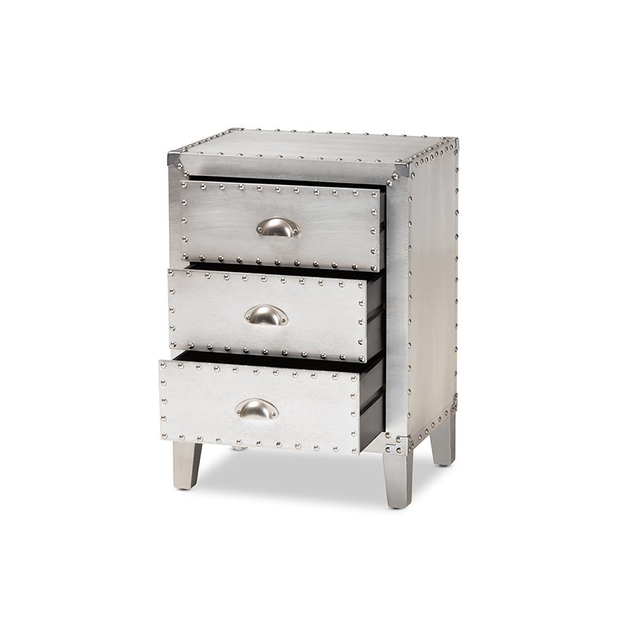 Baxton Studio Claude French Industrial Silver Metal 3-Drawer Nightstand. Picture 3