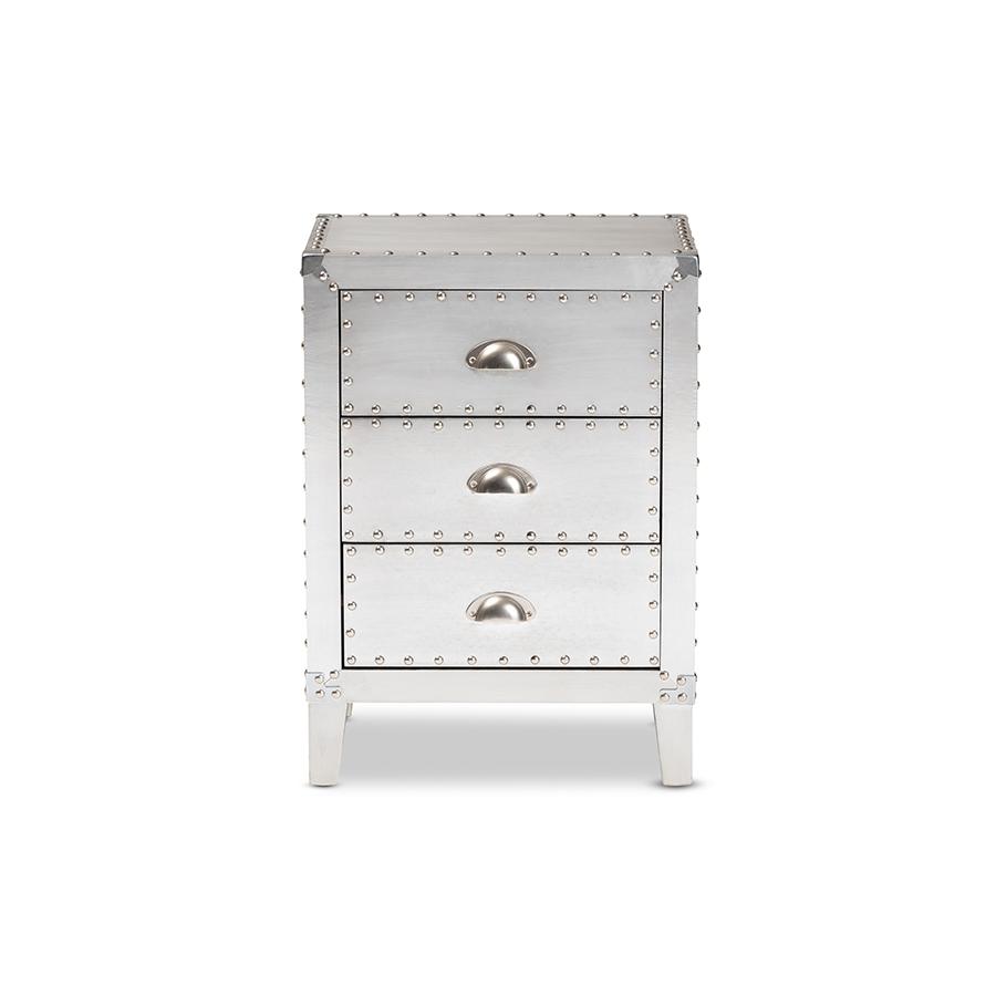 Baxton Studio Claude French Industrial Silver Metal 3-Drawer Nightstand. Picture 4