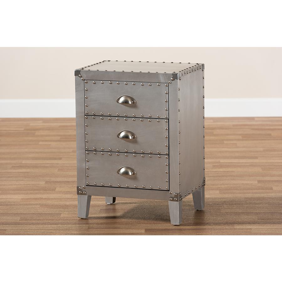 Baxton Studio Claude French Industrial Silver Metal 3-Drawer Nightstand. Picture 9