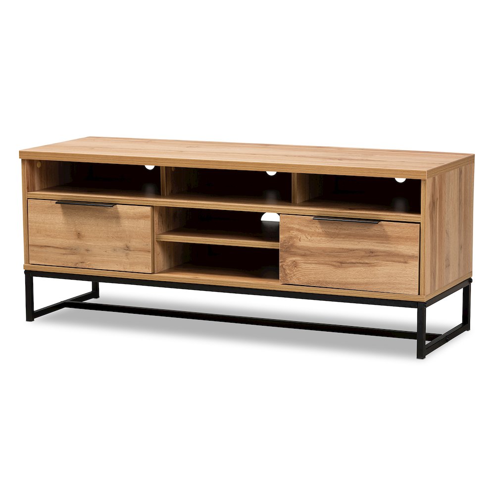 Contemporary Industrial Oak Finished Wood and Black Metal 2-Drawer TV Stand. Picture 1