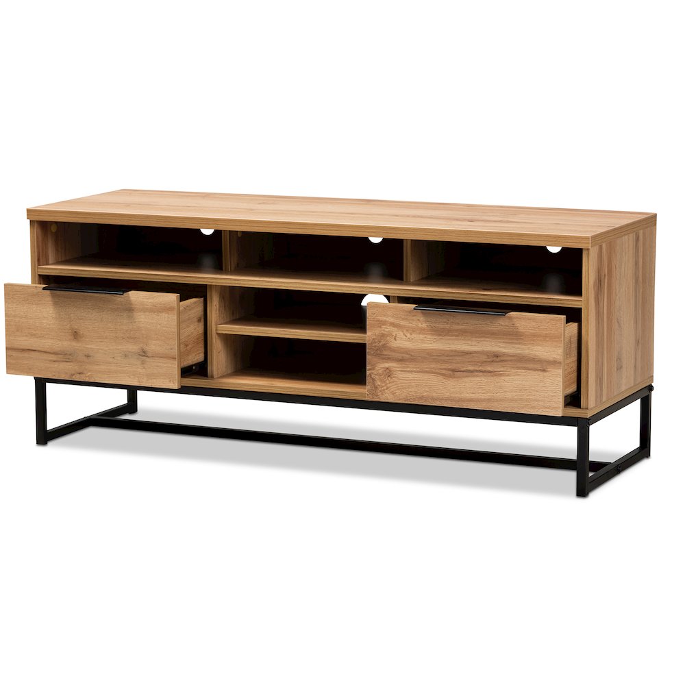 Contemporary Industrial Oak Finished Wood and Black Metal 2-Drawer TV Stand. Picture 2