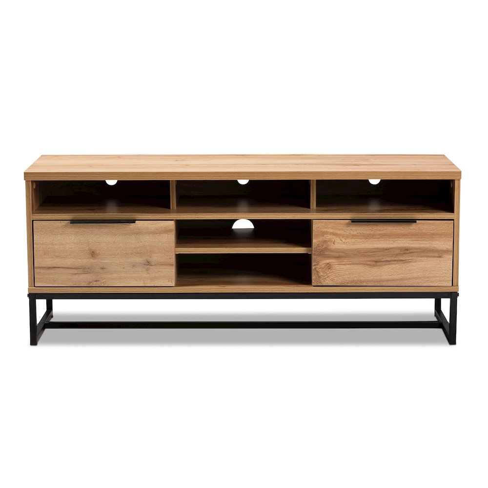 Contemporary Industrial Oak Finished Wood and Black Metal 2-Drawer TV Stand. Picture 3