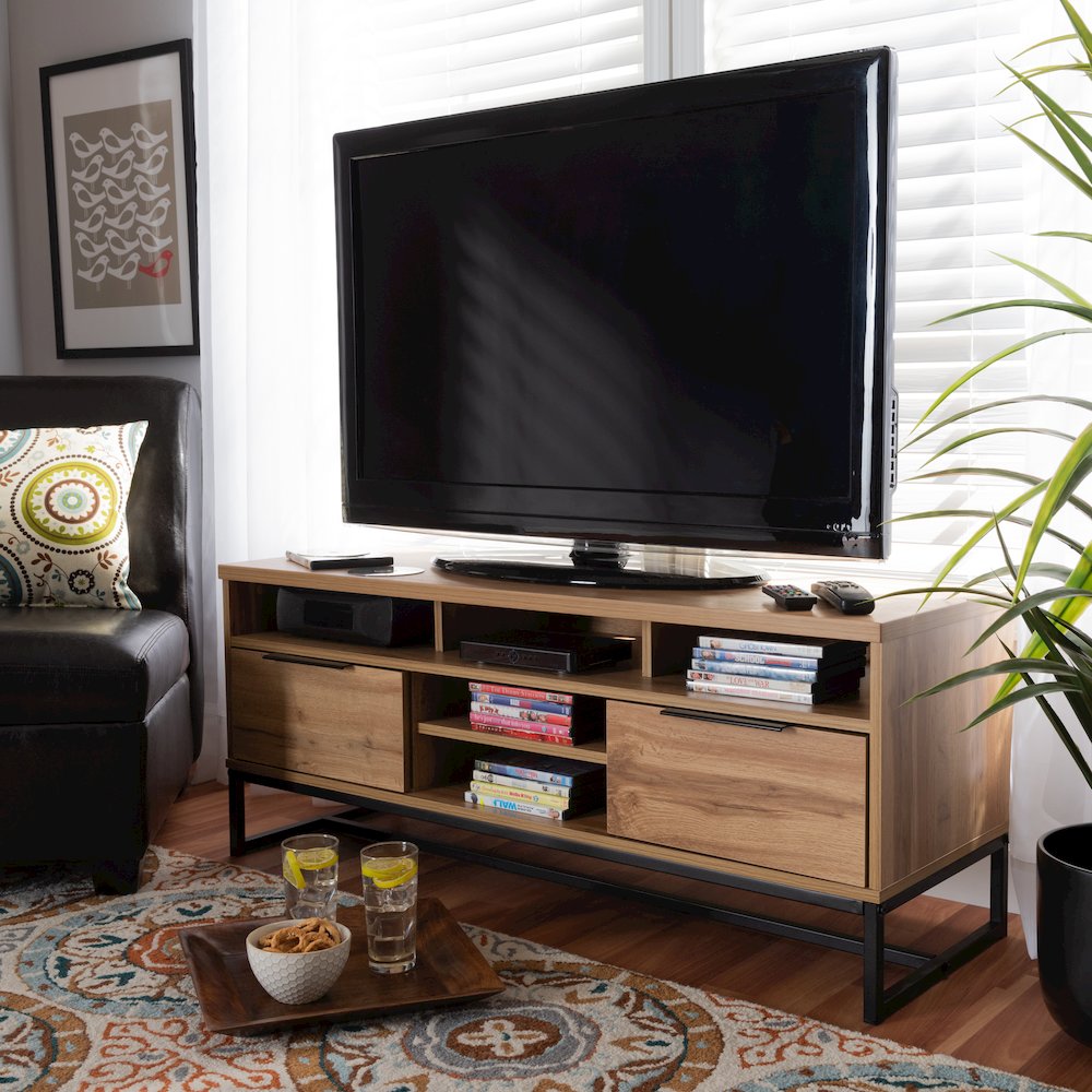 Contemporary Industrial Oak Finished Wood and Black Metal 2-Drawer TV Stand. Picture 7
