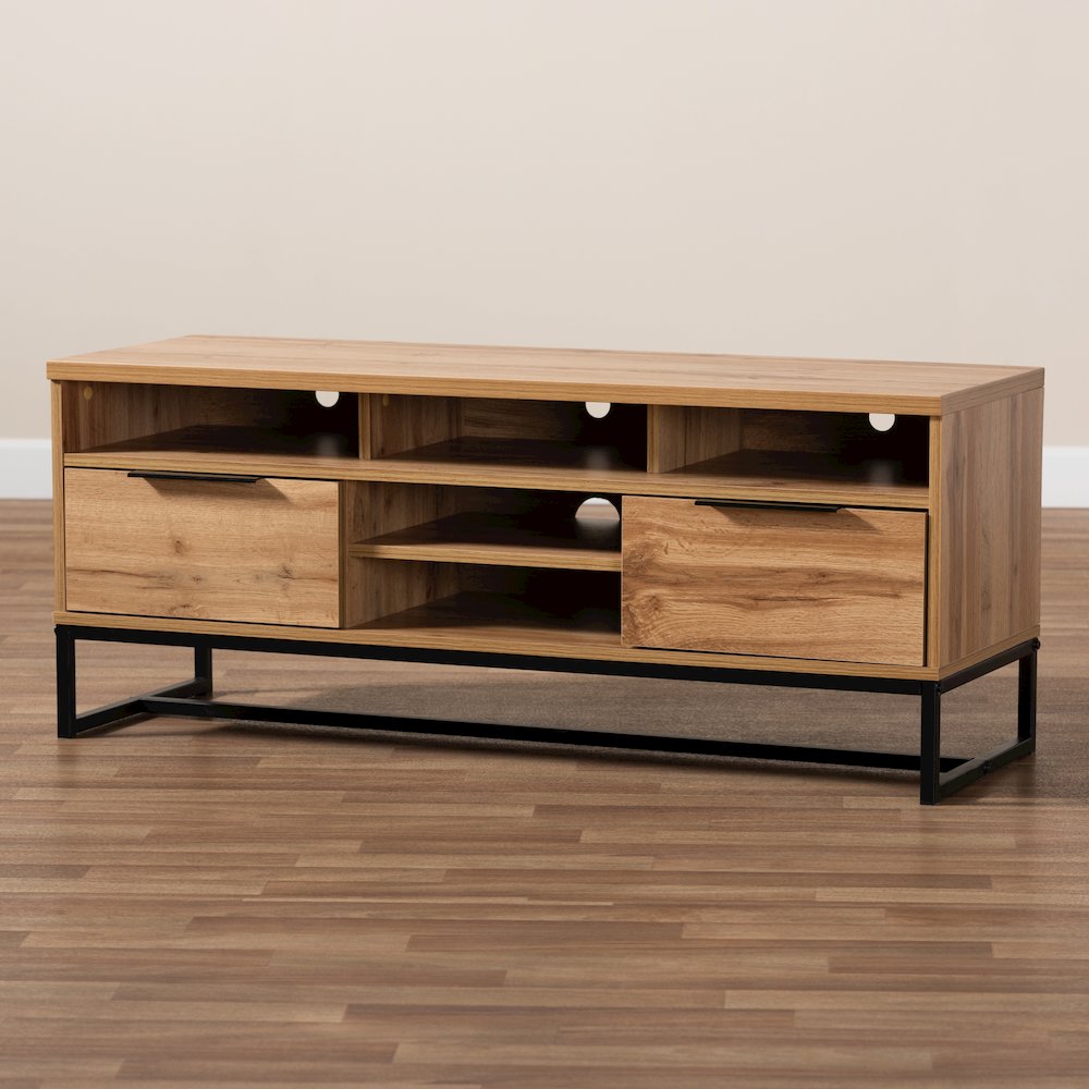 Contemporary Industrial Oak Finished Wood and Black Metal 2-Drawer TV Stand. Picture 8