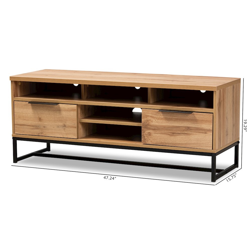 Contemporary Industrial Oak Finished Wood and Black Metal 2-Drawer TV Stand. Picture 9