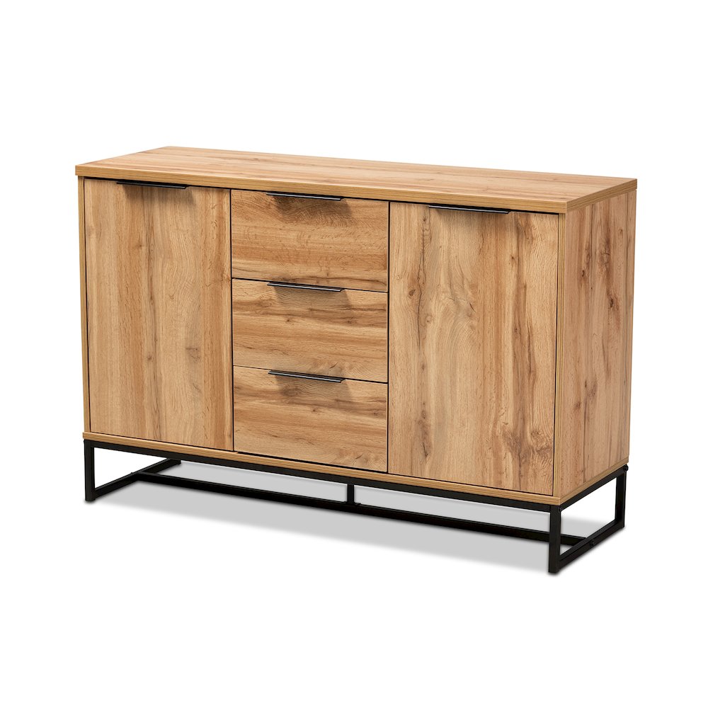 Industrial Oak Finished Wood and Black Metal 3-Drawer Sideboard Buffet. Picture 1