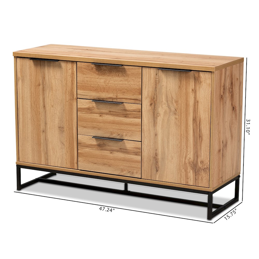 Industrial Oak Finished Wood and Black Metal 3-Drawer Sideboard Buffet. Picture 10