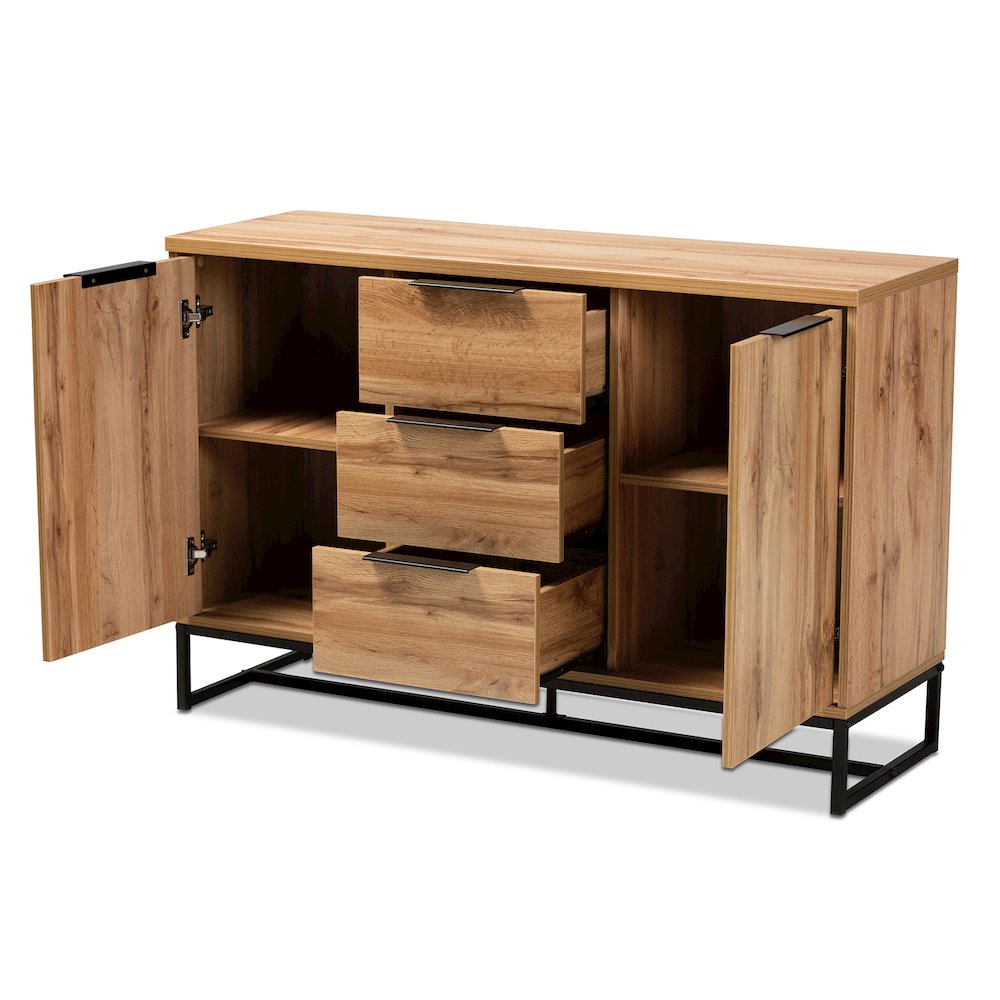 Industrial Oak Finished Wood and Black Metal 3-Drawer Sideboard Buffet. Picture 2