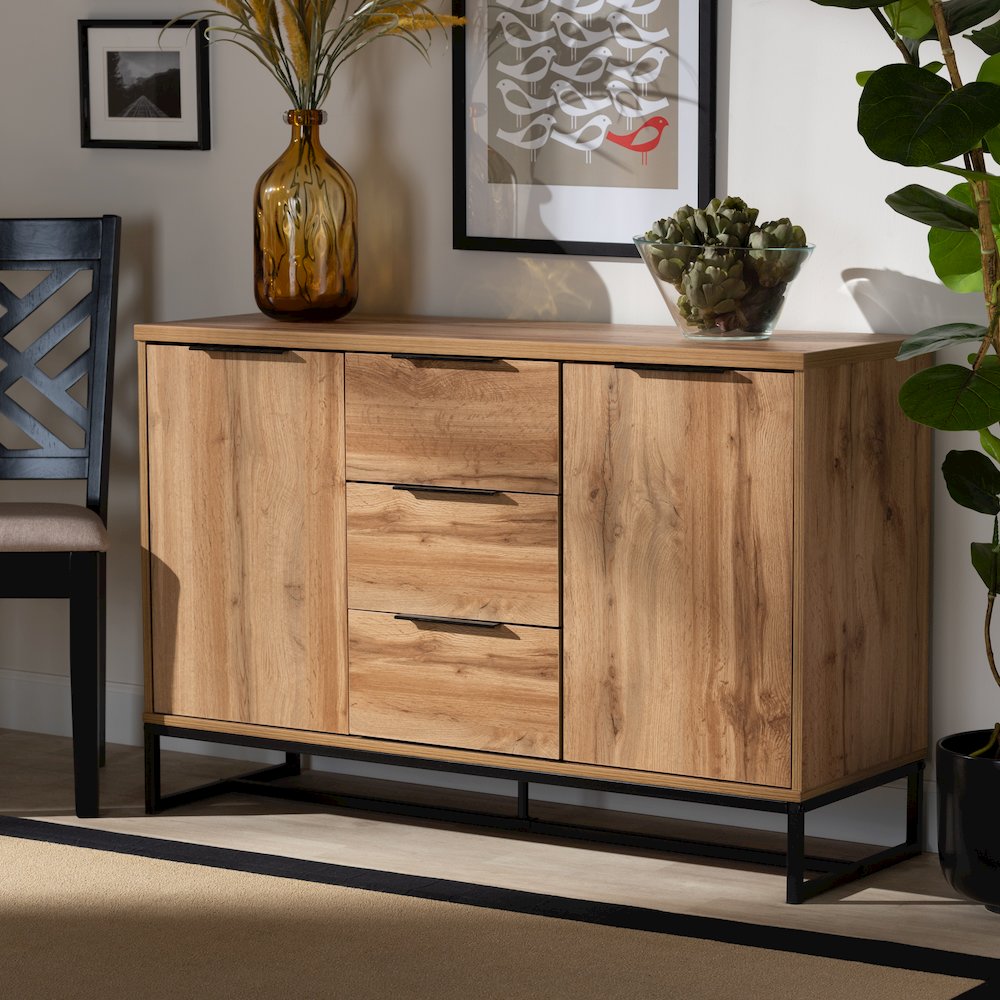 Industrial Oak Finished Wood and Black Metal 3-Drawer Sideboard Buffet. Picture 7