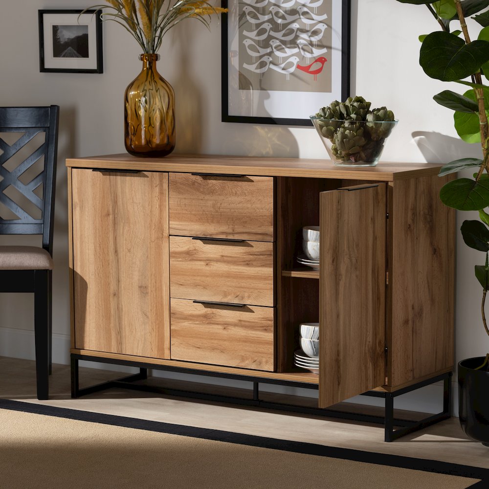 Industrial Oak Finished Wood and Black Metal 3-Drawer Sideboard Buffet. Picture 8