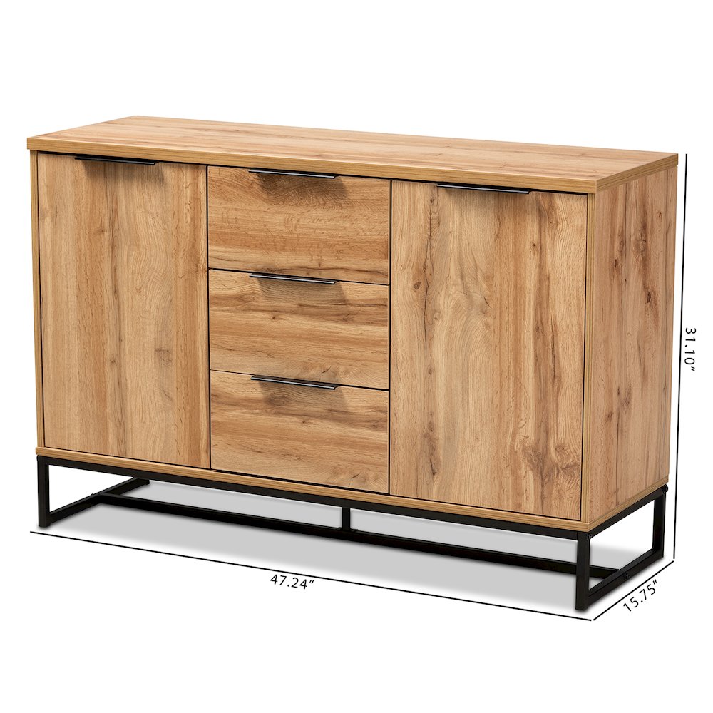 Industrial Oak Finished Wood and Black Metal 3-Drawer Sideboard Buffet. Picture 9