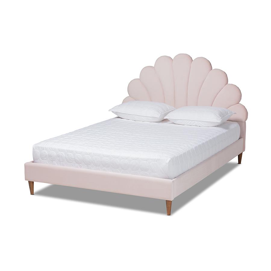 Walnut Brown Finished Wood Queen Size Seashell Shaped Platform Bed. Picture 1
