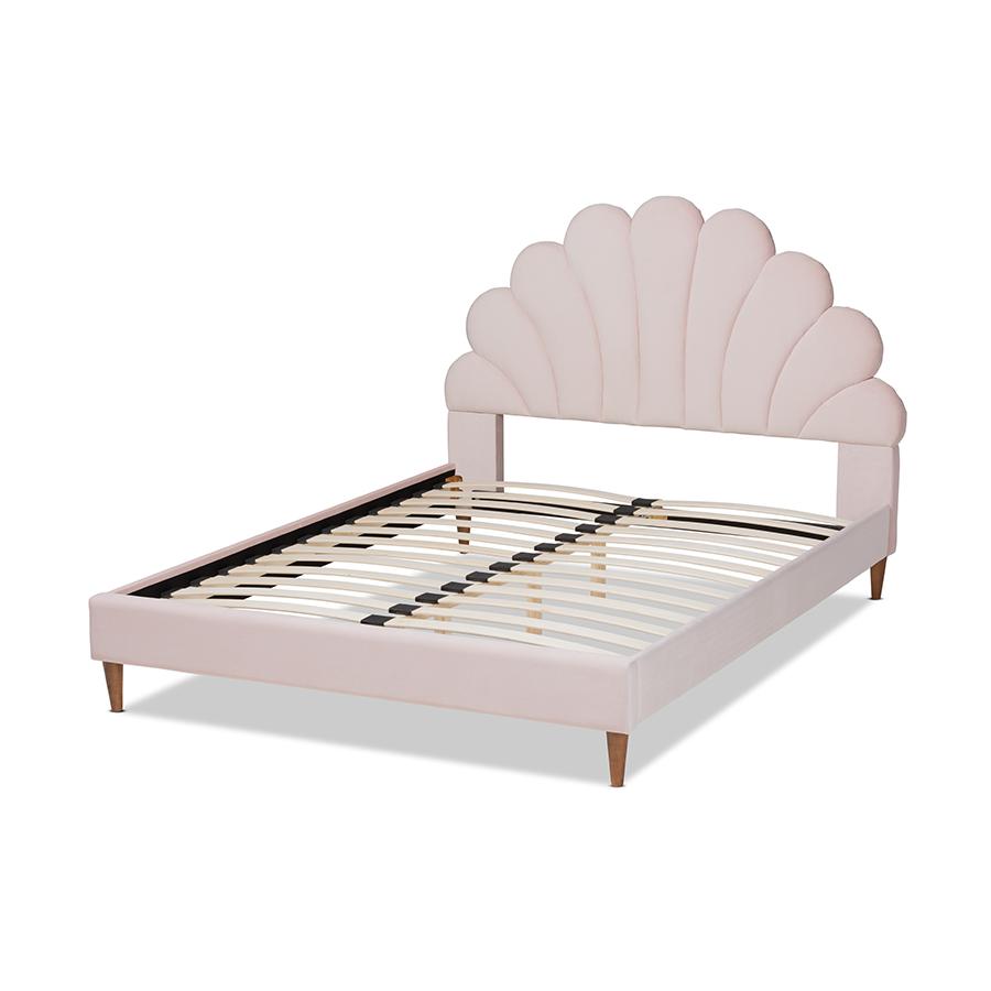 Walnut Brown Finished Wood Queen Size Seashell Shaped Platform Bed. Picture 3
