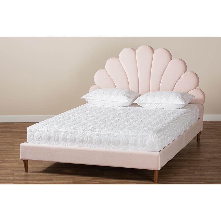 Walnut Brown Finished Wood Queen Size Seashell Shaped Platform Bed. Picture 7