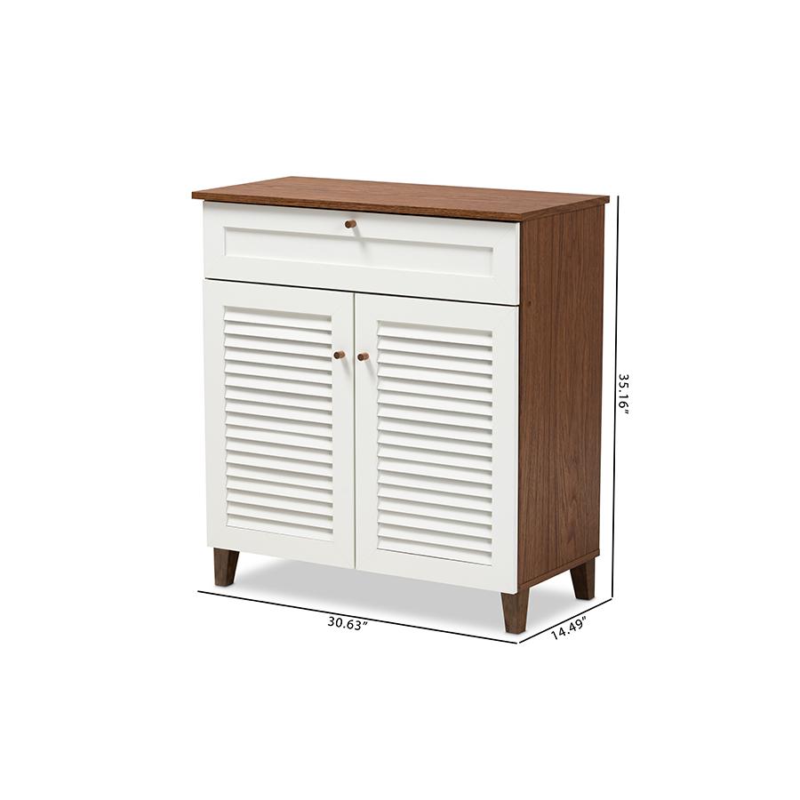 White and Walnut Finished 4-Shelf Wood Shoe Storage Cabinet with Drawer. Picture 10