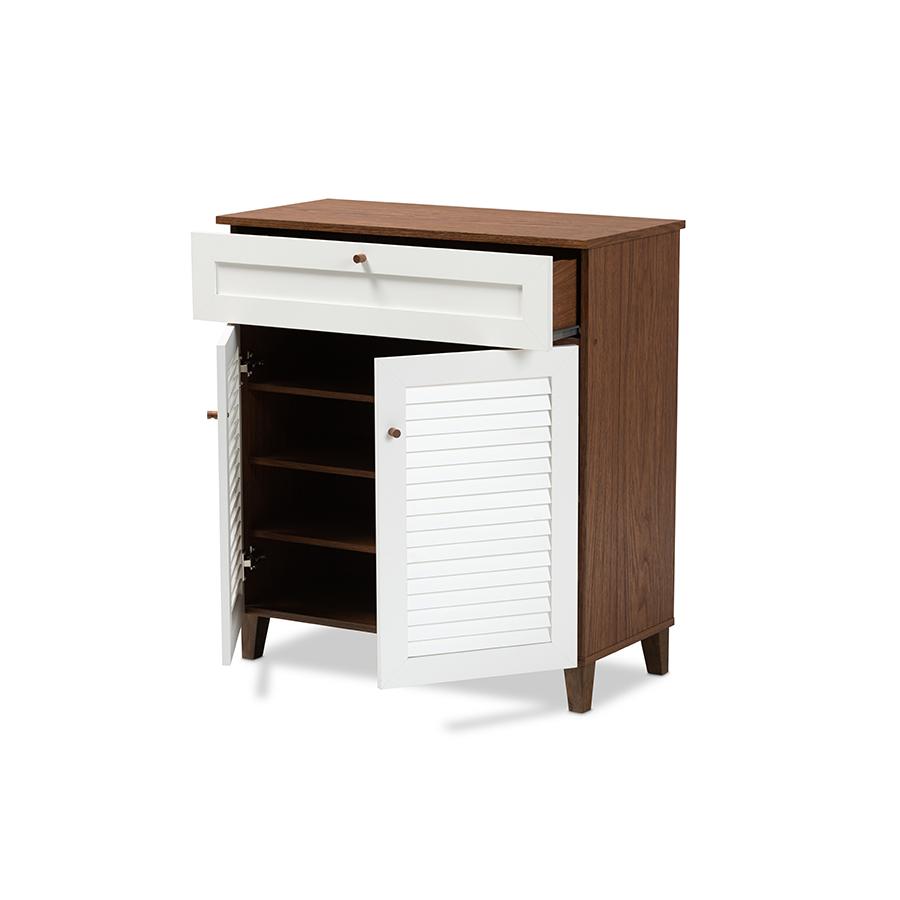White and Walnut Finished 4-Shelf Wood Shoe Storage Cabinet with Drawer. Picture 2