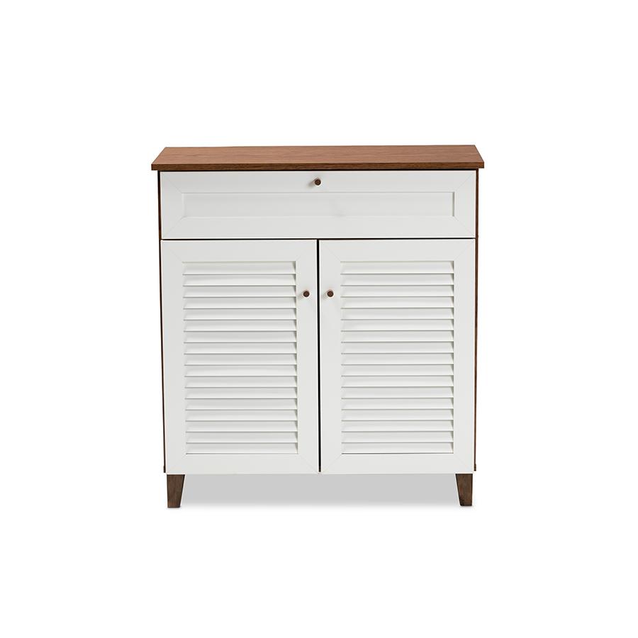 White and Walnut Finished 4-Shelf Wood Shoe Storage Cabinet with Drawer. Picture 3