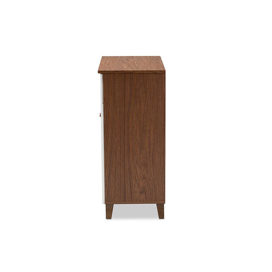 White and Walnut Finished 4-Shelf Wood Shoe Storage Cabinet with Drawer. Picture 4