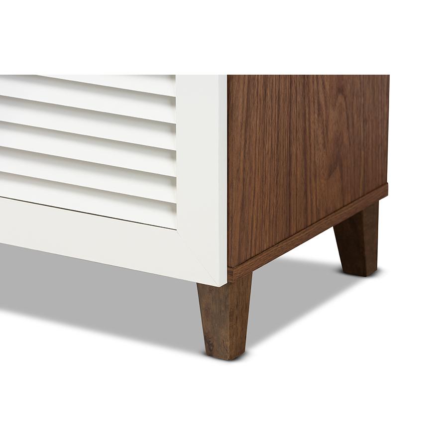 White and Walnut Finished 4-Shelf Wood Shoe Storage Cabinet with Drawer. Picture 6