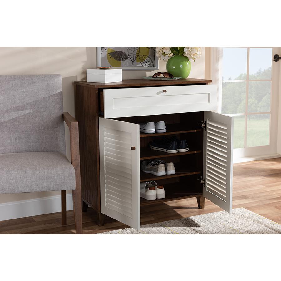 White and Walnut Finished 4-Shelf Wood Shoe Storage Cabinet with Drawer. Picture 8