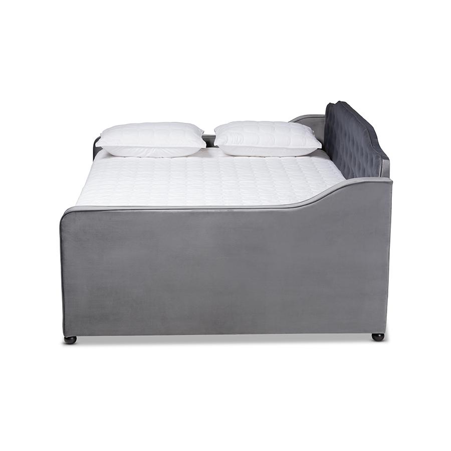 Grey Velvet Fabric Upholstered and Button Tufted Full Size Daybed. Picture 2