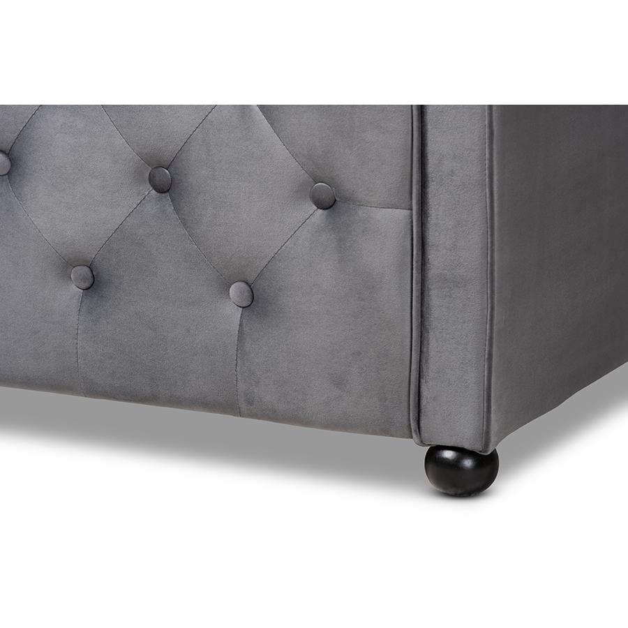 Grey Velvet Fabric Upholstered and Button Tufted Full Size Daybed. Picture 5