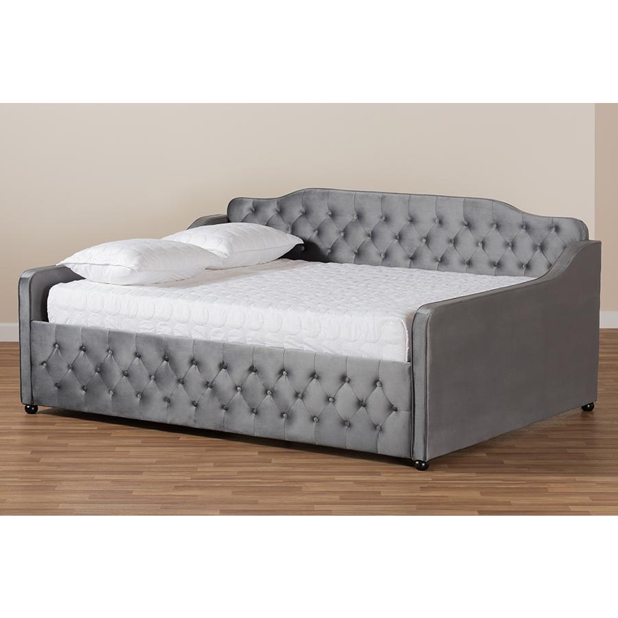Grey Velvet Fabric Upholstered and Button Tufted Full Size Daybed. Picture 7
