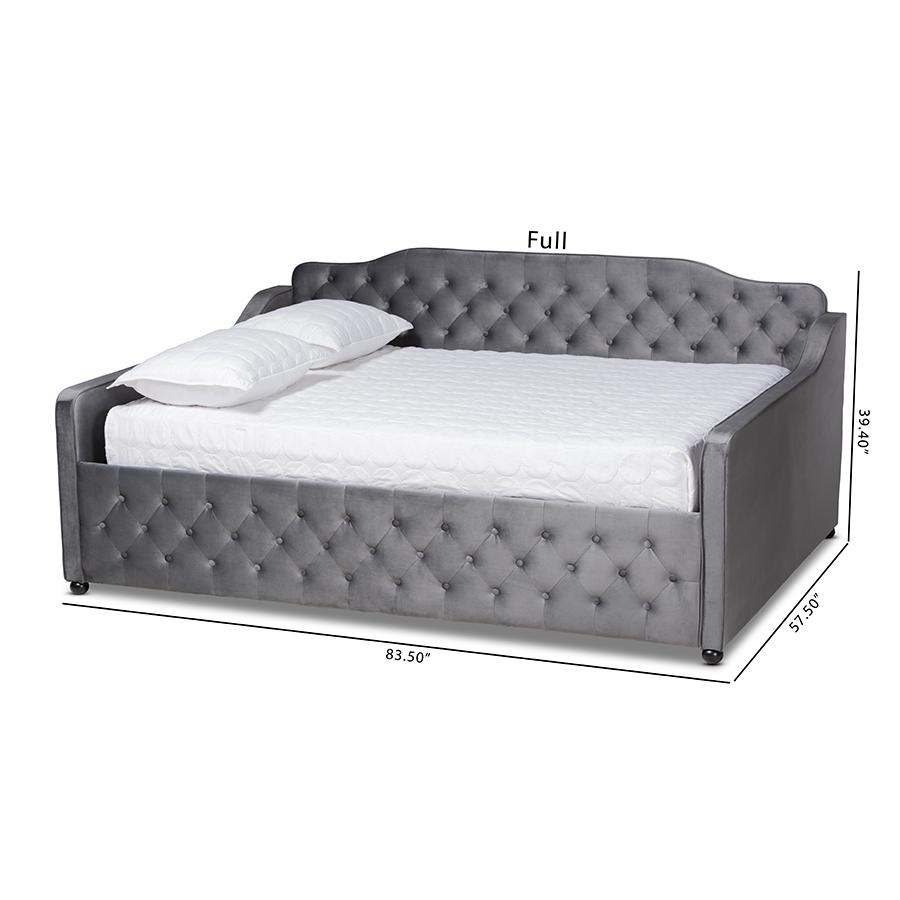 Grey Velvet Fabric Upholstered and Button Tufted Full Size Daybed. Picture 8