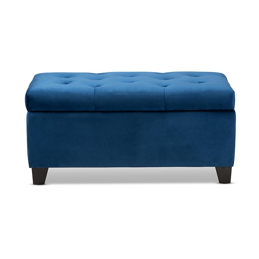 Navy Blue Velvet Fabric Upholstered Storage Ottoman. Picture 3