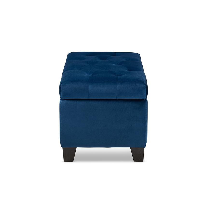 Navy Blue Velvet Fabric Upholstered Storage Ottoman. Picture 4