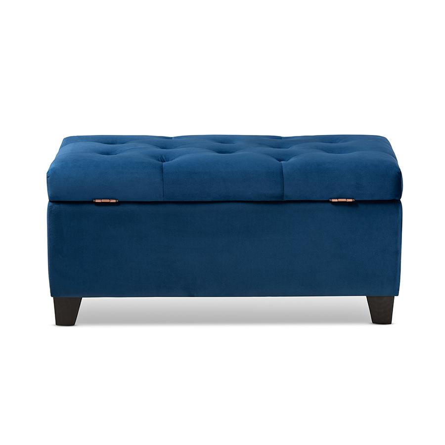 Navy Blue Velvet Fabric Upholstered Storage Ottoman. Picture 5