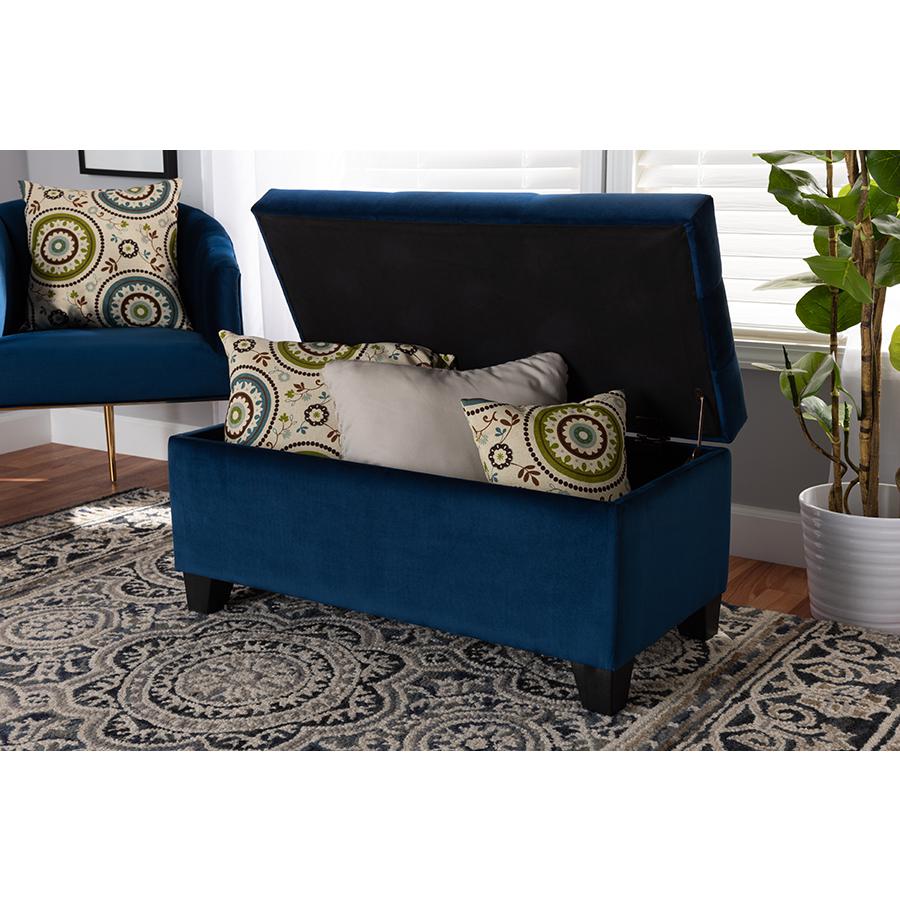 Navy Blue Velvet Fabric Upholstered Storage Ottoman. Picture 8