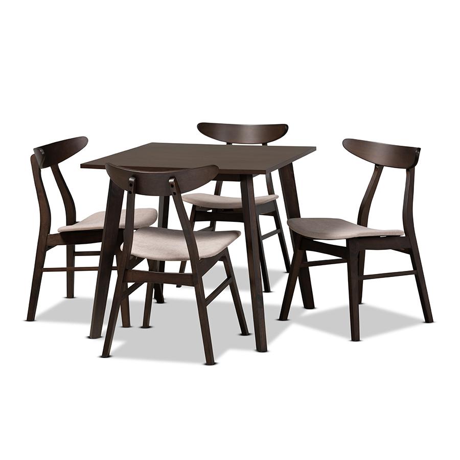 Baxton Studio Britte Mid-Century Modern Beige Fabric Upholstered Dark Oak Brown Finished 5-Piece Wood Dining Set. Picture 1