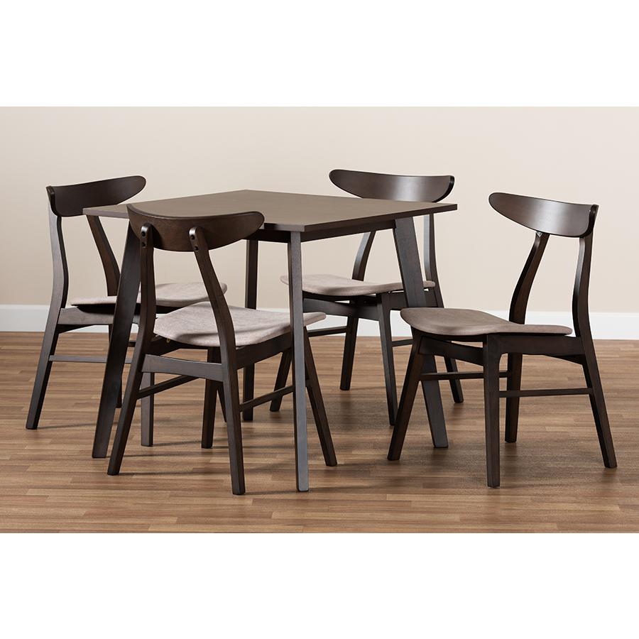 Baxton Studio Britte Mid-Century Modern Beige Fabric Upholstered Dark Oak Brown Finished 5-Piece Wood Dining Set. Picture 7