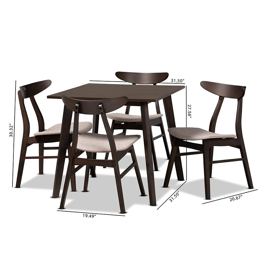 Baxton Studio Britte Mid-Century Modern Beige Fabric Upholstered Dark Oak Brown Finished 5-Piece Wood Dining Set. Picture 8