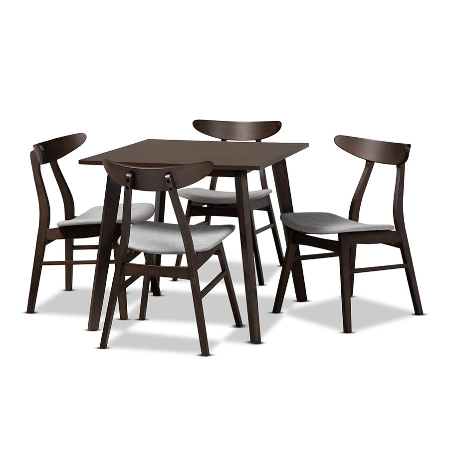 Baxton Studio Britte Mid-Century Modern Light Grey Fabric Upholstered Dark Oak Brown Finished 5-Piece Wood Dining Set. Picture 1