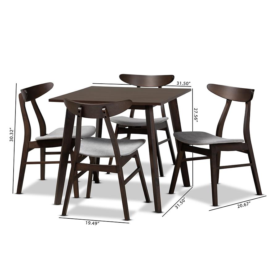 Baxton Studio Britte Mid-Century Modern Light Grey Fabric Upholstered Dark Oak Brown Finished 5-Piece Wood Dining Set. Picture 8