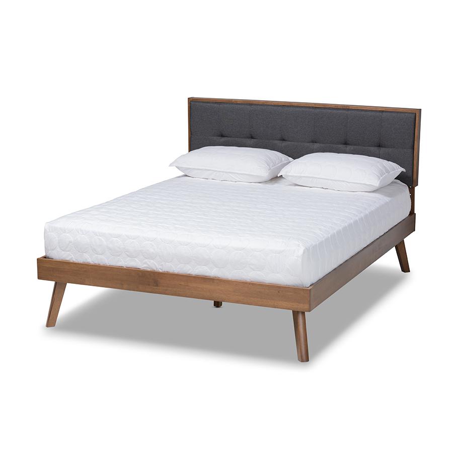 Dark Grey Fabric Upholstered Walnut Brown Finished Wood Full Size Platform Bed. Picture 1