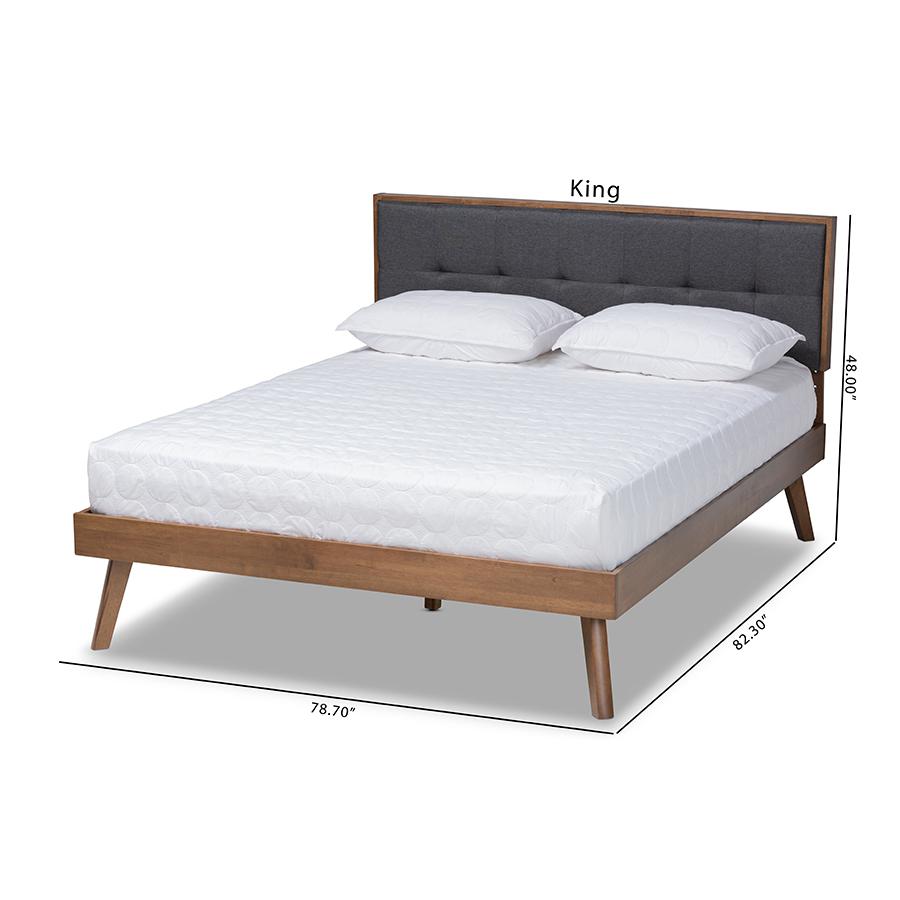 Dark Grey Fabric Upholstered Walnut Brown Finished Wood Full Size Platform Bed. Picture 10