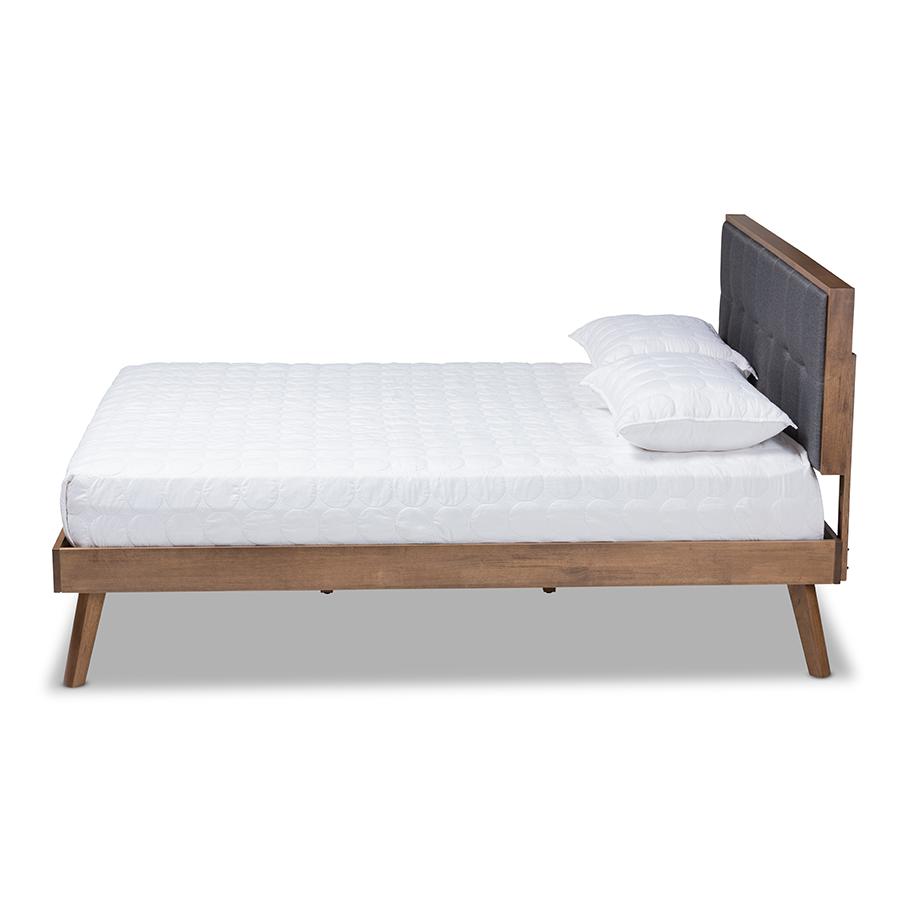Dark Grey Fabric Upholstered Walnut Brown Finished Wood Full Size Platform Bed. Picture 2