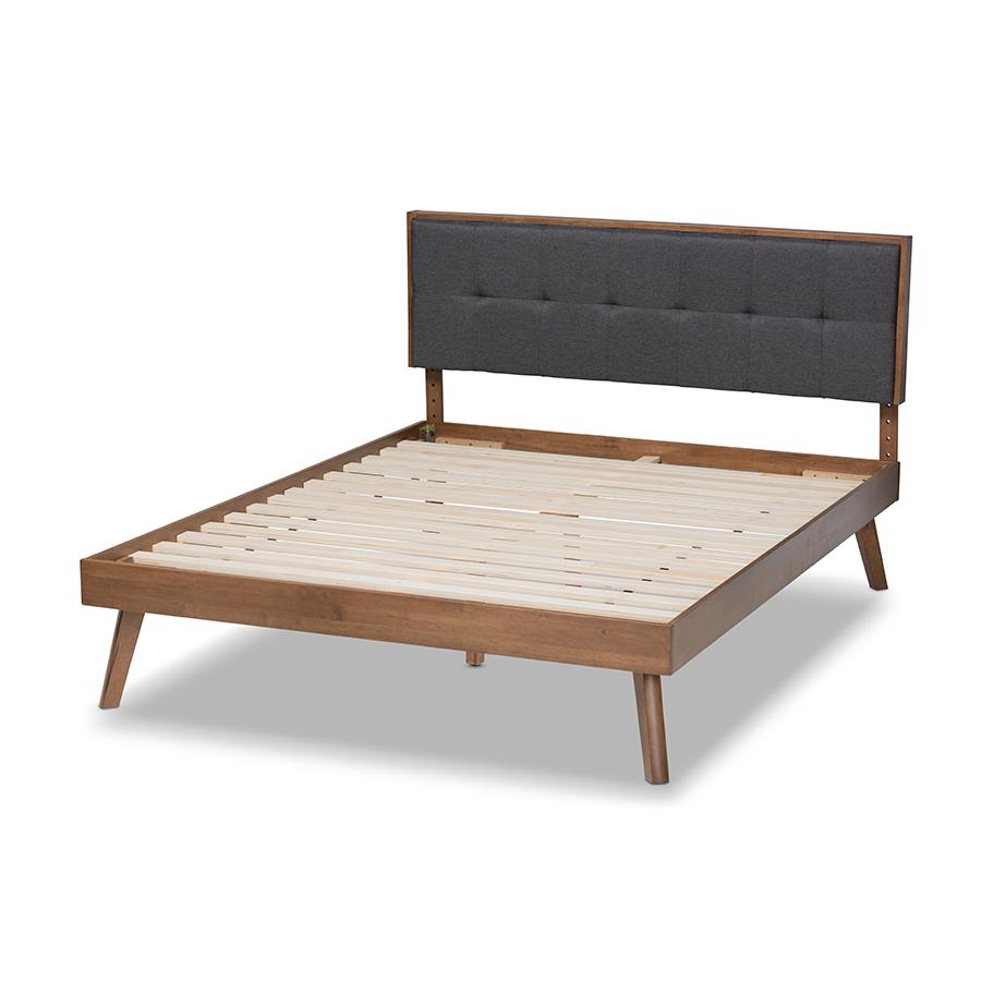 Dark Grey Fabric Upholstered Walnut Brown Finished Wood Full Size Platform Bed. Picture 3