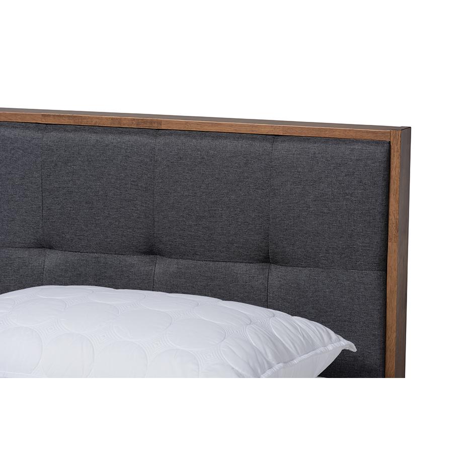 Dark Grey Fabric Upholstered Walnut Brown Finished Wood Full Size Platform Bed. Picture 4