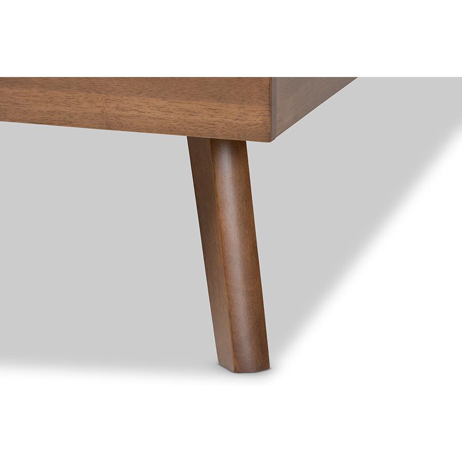 Dark Grey Fabric Upholstered Walnut Brown Finished Wood Full Size Platform Bed. Picture 5
