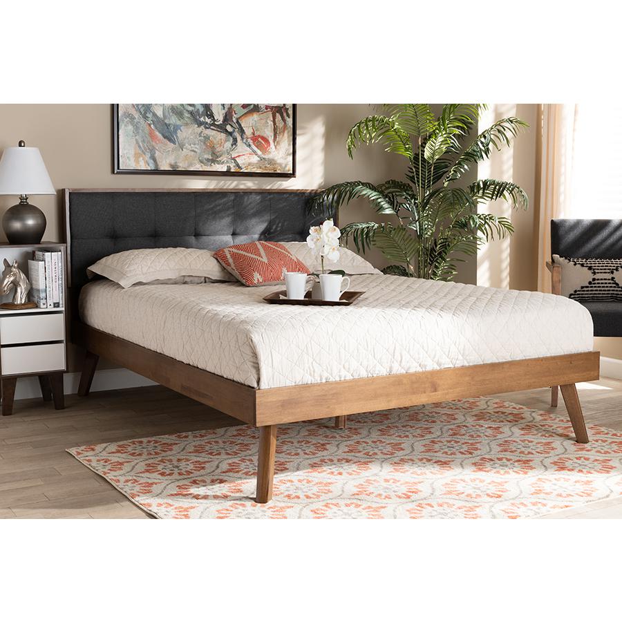 Dark Grey Fabric Upholstered Walnut Brown Finished Wood Full Size Platform Bed. Picture 6