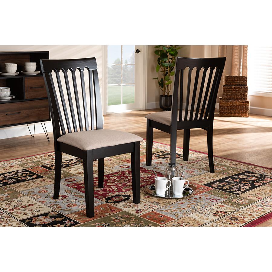 Baxton Studio Minette Modern and Contemporary Sand Fabric Upholstered Espresso Brown Finished 2 Piece Wood Dining Chair Set. Picture 6
